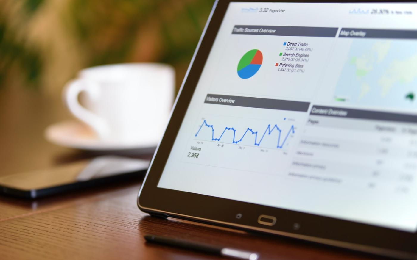 Tablet on a table with a coffee cup. On the tablet screen is several charts and graphs